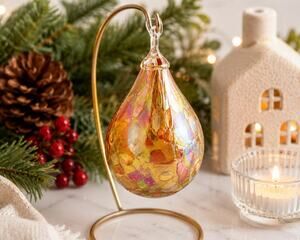 Glass Eye Studio Gold Mosaic Raindrop Ornament, Hand Blown Iridescent Art Glass